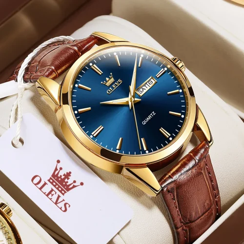 OLVES Top Brand Men's Watches Original Simple Blue Face Quartz Wristwatch for Man Waterproof Leather Strap Business Watch Casual 1