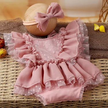 Ylsteed 2 Pieces Set Dusty Pink Chiffon Newborn Romper with Bow Hairband Dot Lace Baby Photography Outfits 4
