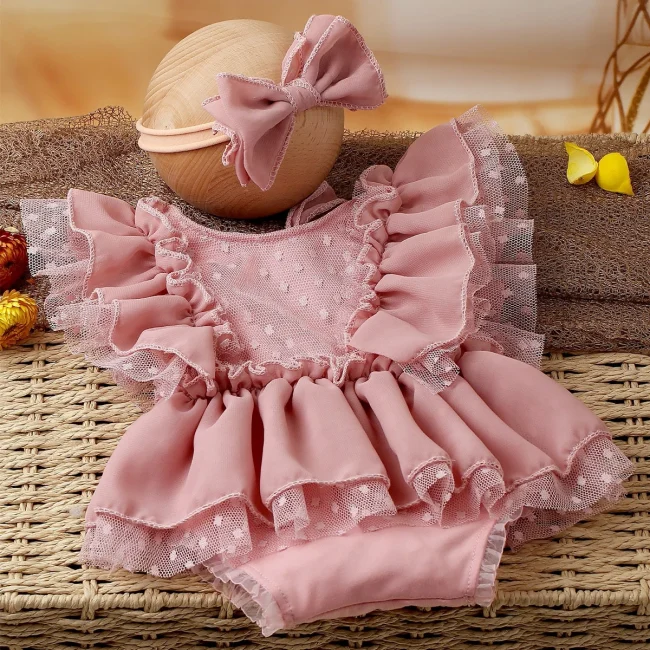 Ylsteed 2 Pieces Set Dusty Pink Chiffon Newborn Romper with Bow Hairband Dot Lace Baby Photography Outfits 4