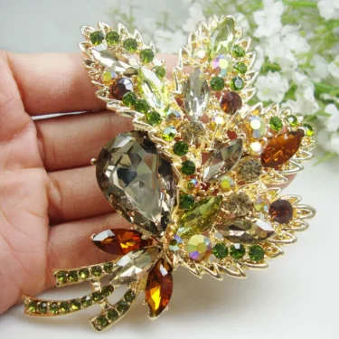 New Design Woman's Vintage Brown Rhinestone Crystal Flower Leaf Pendant Brooch Pin Fashion Jewelry Luxurious Wedding Gift 1