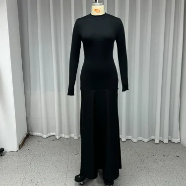 Ellafads Maxi Dress Autumn Women Casual Elegant Solid Long Sleeve Round Neck Nipped Waist Patchwork Evening Party Dresses 4