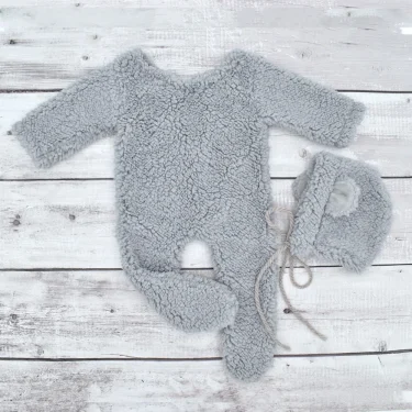 Ylsteed Cute Newborn Bear Bonnet and Pajama Set Infant Photo Prop Brown Plush Bear Ear Hat and Footie Romper Photoshoot Outfit 4