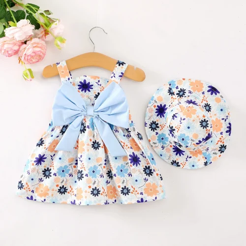 4 Color /2PCS Dress Clothes Set Baby Girl Flower Sleeveless Dress with Bow+Hat Summer Fashion Cute Wear for Toddlers Age 0-3 1