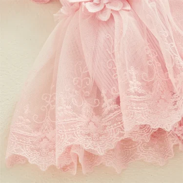 3D Flower Summer Baby Girls Romper Princess Mesh Newborn Clothes Lace Patchwork Ruffle Bodysuit Dress Headband Kids Clothing 5
