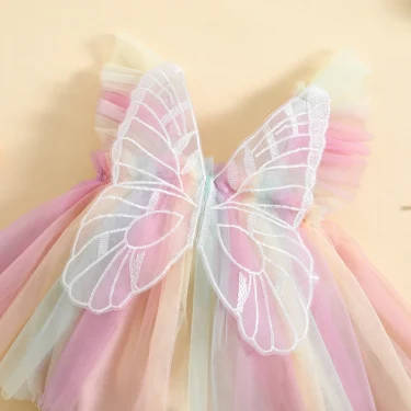 Infant Girl Rompers Dress Embroidery Butterfly Wing Fly Sleeve Rainbow Color Tulle Skirt Jumpsuits Clothes Baby Summer Clothing 4