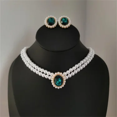 Vintage Double Layer Pearl Necklace Emerald Pearl Earrings Choker Women Elegant Clavicle Chain Banquet Party Fashion Accessories 4