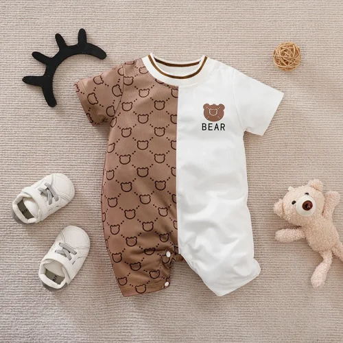 Newborn Clothes Cute Cartoon Patchwork Teddy Bear Comfortable And Soft Summer Boys And Girls 0-18 Short Sleeved Baby Jumpsuit 1