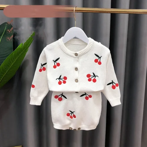 Infant Girls Spring Autumn Clothes Set Cherry Embroidery Cotton Baby Girls Cardigan Knitted Slip Dress Newborn Girls Cute Suit 1