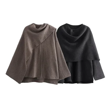 TRAF Women's Fashion Fall Winter Chic Scarf Jacket Long Sleeve Knitted Asymmetric Jacket Sexy Split Hem Loose Short Jacket 1