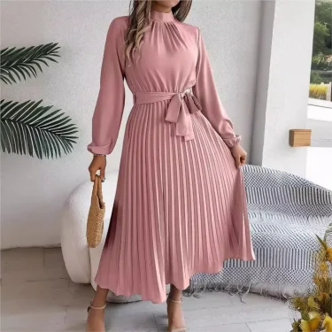 Autumn and winter elegant stand up collar long sleeved waist cinched pleated long skirt small dress women's solid color dress 2