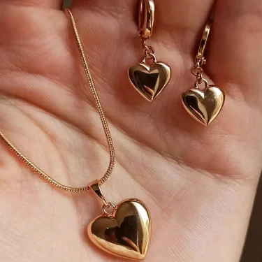 Glossy Gold Plated Metal Love Heart Dangle Earrings Necklace Jewelry Set for Women Simple Dainty Daily Wear Outfit Accessories 1