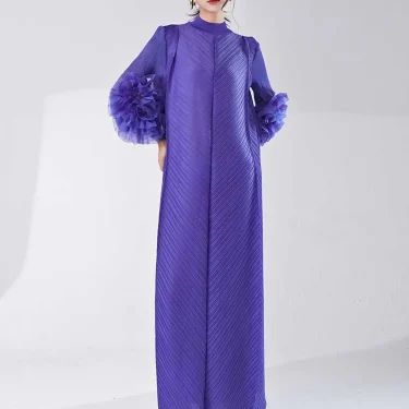 LANMREM Long Pleated Dress With Ruffles Sleeves Loose Solid Color Stitching Female Party Clothing Summer New Clothes 2DA5900 3