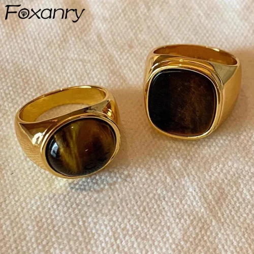 Foxanry Gold Color Tiger's Eye Rings For Women Couples Creative Personality Vintage Simple New Fashion Birthday Jewelry Gifts 1