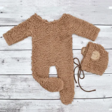 Ylsteed Cute Newborn Bear Bonnet and Pajama Set Infant Photo Prop Brown Plush Bear Ear Hat and Footie Romper Photoshoot Outfit 3