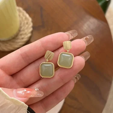 Exaggerated Imitation Jade Green Stone Square Drop Earrings For Women Jewelry Brincos Boho Gift 4
