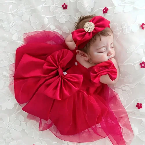 Ylsteed Newborn Girl Photoshoot Outfit Baby Girl Red Big Bow Mesh Dress with Rhinestones Headband Infant Photography Props 1