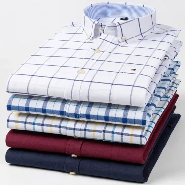 100% Pure Cotton Oxford Shirts for Men Long Sleeve Plaid Shirt Striped Male BusinessTartan Red Shirt Mans Designer Clothes 6