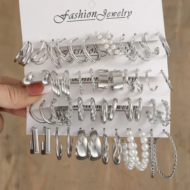 Silver Color Pearl Twist Hoop Earrings Set For Women Jewelry pendientes Vintage Circle Geometric Dangle Earrings Trendy Gifts 1
