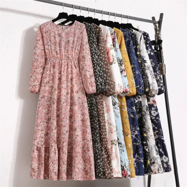 Women Floral Printed Maxi Dresses Spring Summer Casual O Neck Full Sleeve High Waist A Line Boho Beach Party Long Dress Vestidos 2