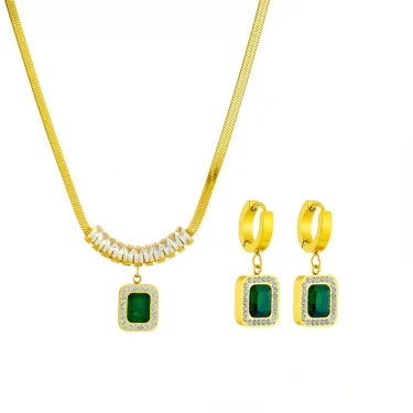 DIEYURO 316L Stainless Steel Luxury Non-fading Square Green Crystal Zircon Pendant Necklace Earrings Jewelry Set For Women Gifts 6