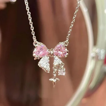Sweet Pink Bow Necklace Ladies Fashion Sparkling Rhinestone Star Shape Pendant Clavicle Chain Delicate Wedding Accesories 1