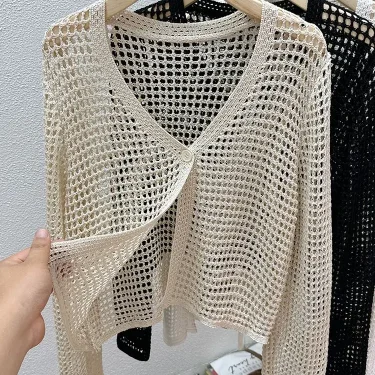 Hollow Mesh Ice Silk Sunscreen Jacket for Women's Summer Long Sleeved Outerwear with Small Shawl Knitted Cardigan 2