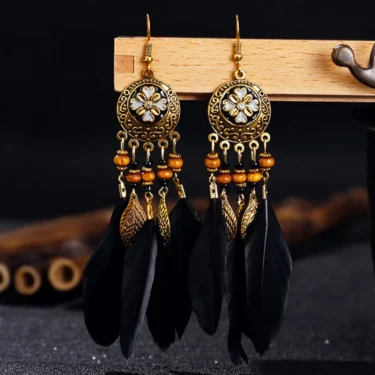 Bohemian Vintage Jewelry For Women 2025 Trendy Carved Leaf Feather Tassel Long Earrings 6
