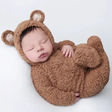 Ylsteed Cute Newborn Bear Bonnet and Pajama Set Infant Photo Prop Brown Plush Bear Ear Hat and Footie Romper Photoshoot Outfit 2