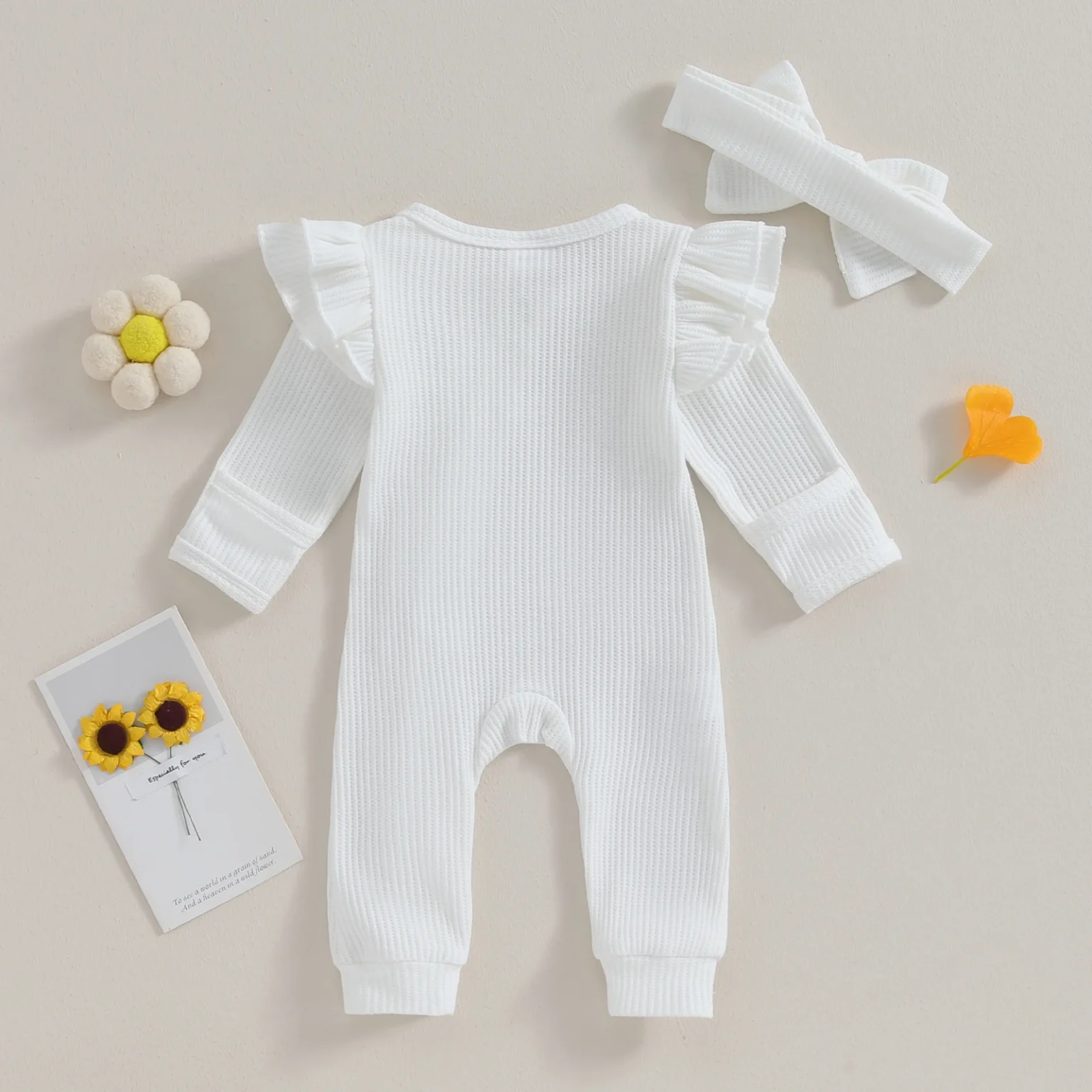 Pudcoco Infant Baby Girl Autumn Jumpsuit Solid Color Round Neck Flying Sleeve Ruffled Zipper Romper with Bow Headband 0-12M 3