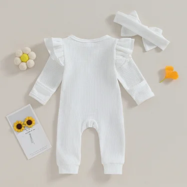 Pudcoco Infant Baby Girl Autumn Jumpsuit Solid Color Round Neck Flying Sleeve Ruffled Zipper Romper with Bow Headband 0-12M 3