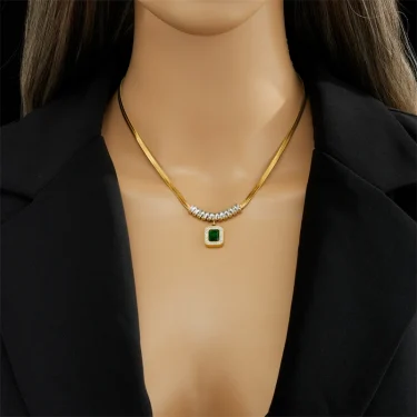 DIEYURO 316L Stainless Steel Luxury Non-fading Square Green Crystal Zircon Pendant Necklace Earrings Jewelry Set For Women Gifts 2