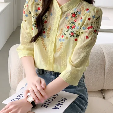 SMTHMA Summer New Vintage Embroidered Flower Jacquard Shirt For Women Romantic Gentle Style Versatile Stand Collar Shirt 5
