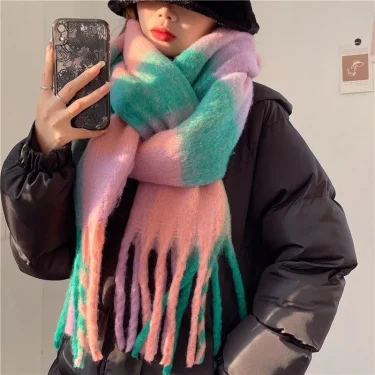 2025 Winter Thick Warm Scarf Women Cashmere Shawl and Wraps Pashmina Neckerchief Bufanda Female Rainbow Hairy Tessel Echarpe New 3