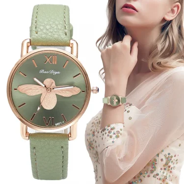 Fashion Casual Female Quartz Clock Simple Little Bee Design Women Watches Vintage Green Leather Ladies Luxury Wristwatches 1