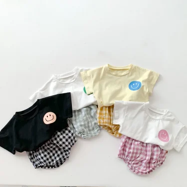 Girls Boys Cotton Smile Face Short Sleeve T-shirt + Plaid Shorts Two-pieces Suit Summer Baby Clothes Set 5