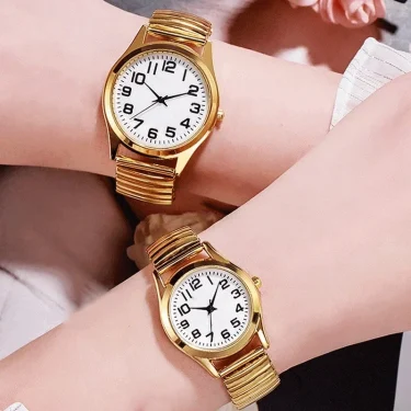 1PCs Classic Vintage Business Women Men Elastic Gold Sliver Quartz Watch Tide Lovers Couple Bracelet Watches Party Office Gifts 2