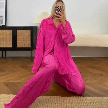 CM.YAYA Street Women's Set Long Sleeve Shirt Tops and Wide Leg Pants Elegant Tracksuit Two Piece Set Sweatsuit Fitness Outfits 4