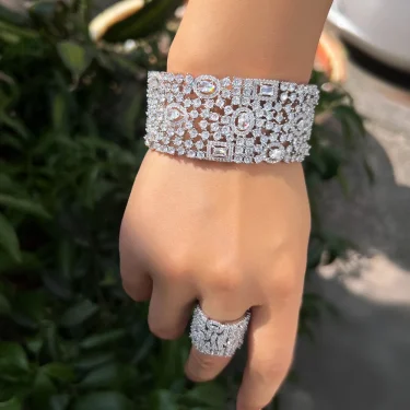 CWWZircons Luxury Chunky Cubic Zirconia Inlay Wide Big Open Cuff Bangle and Ring Dubai Wedding Bridal Party Jewelry Sets T749 3