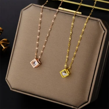 Classic Zircon Crystal Inside Hollow Square Stainless Steel Necklace For Women Korean Fashion Sexy Female Clavicle Chain Jewelry 4