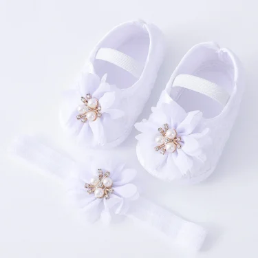 0-18months Baby Girls Shoes And Headband Soft Sole Non-Slip Pearl Flower Princess Wedding Dress Crib Shoes For Newborn Girls 1