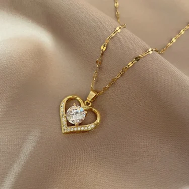 Gorgeous Heart Shape Simple Copper Inlaid Zirconia Pendant Necklace Women Men Fashion Stainless Steel Chain Anniversary Gift 4