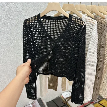 Hollow Mesh Ice Silk Sunscreen Jacket for Women's Summer Long Sleeved Outerwear with Small Shawl Knitted Cardigan 6