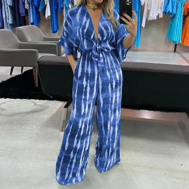 Wefads Women Jumpsuit Dolman Sleeves V Neck Lace Up Nipped Waist Printing Loose Wide Legs Casual Pants Romper High Streetwear 2