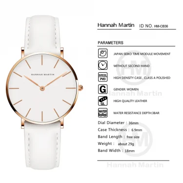 Hannah Martin Japan Quartz Simple Women Fashion Watch White Leather Strap Ladies Wrist Watches Brand Waterproof Wristwatch 36mm 4
