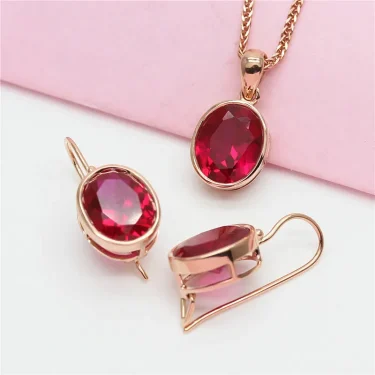 585 Purple Gold Simple Ruby Ladies Jewelry Set 14K Rose Gold Inlaid Oval Ring Earring Necklace Classic Glamour Party Jewelry 4