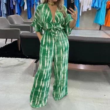 Wefads Women Jumpsuit Dolman Sleeves V Neck Lace Up Nipped Waist Printing Loose Wide Legs Casual Pants Romper High Streetwear 1