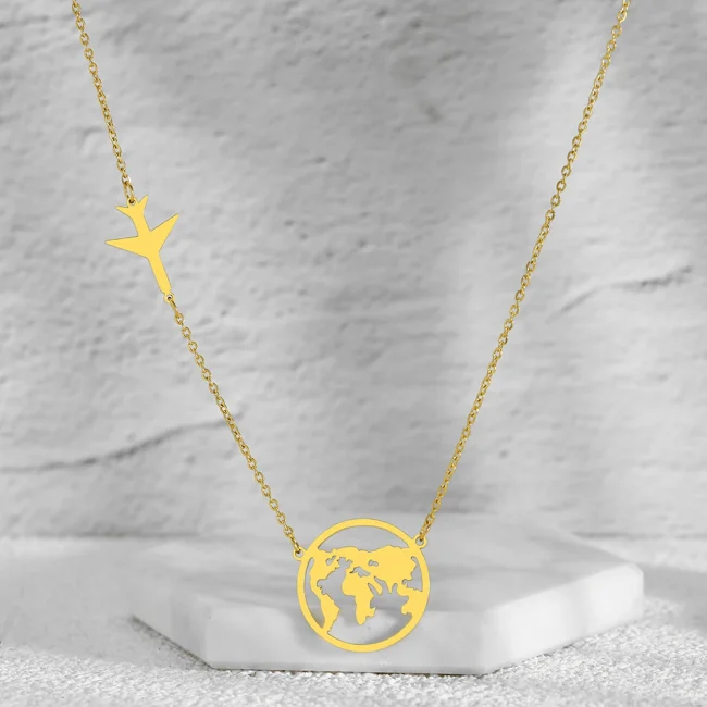 Stainless Steel Necklaces Airplane Globe Map Traveler Pendants Fashion Choker Chains Charms Male Necklace For Women Jewelry Gift 5