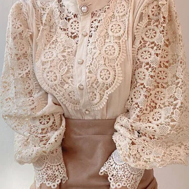 Women Chiffon Button Turtleneck Shirt Chic Elegant Floral Lace Fluffy Long Sleeve Top Fashion Hollow Oversize White Blouse 2024 1