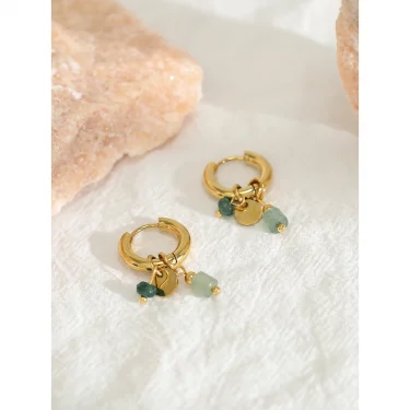YACHAN 18K Gold Plated Stainless Steel Hoop Earrings for Women Vintage Green Natural Stone Charms Trendy Waterproof Jewelry 2