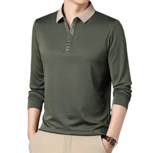 Men's Autumn Slim Elastic Polo Shirt Business Casual Long-sleeved Top Fashion Classic Solid Color Male Brand Tees 1